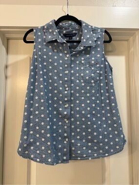 Sleeveless Polka Dot Button-Down Top - White Dots on Denim